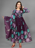 Georgette Wine Traditional Wear Printed Readymade Gown With Dupatta